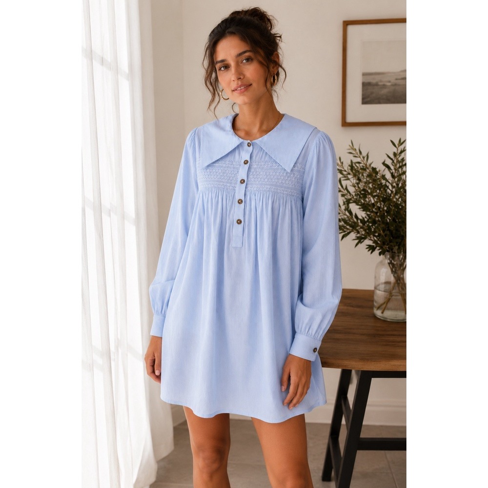 Kimchi Blue Small Peter Pan Collar Babydoll Dress Blue Smocked Cottagecore